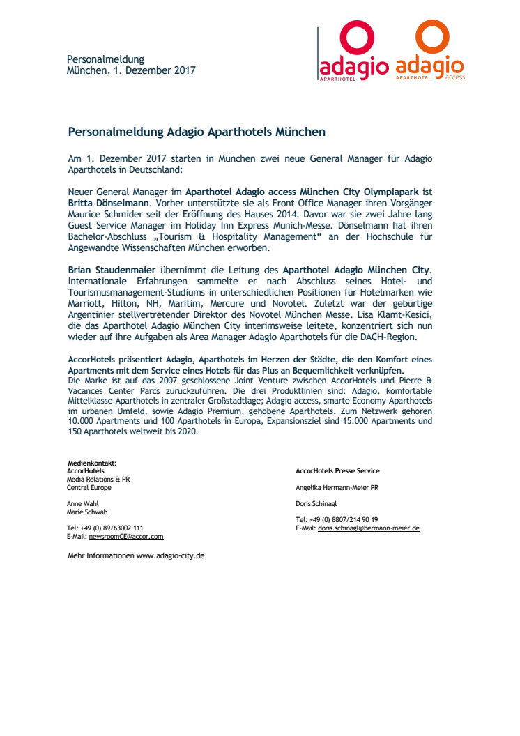 ​Personalmeldung Adagio Aparthotels München