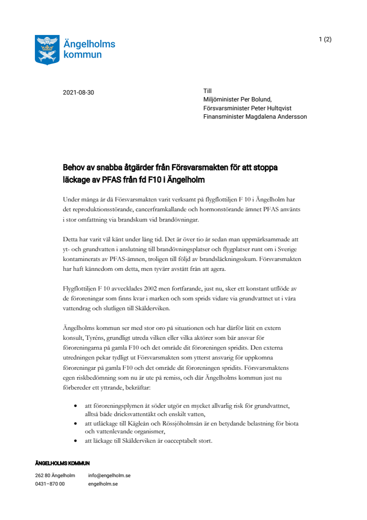 Brev: Behov av snabba åtgärder från Försvarsmakten för att stoppa läckage av PFAS från fd F10 i Ängelholm