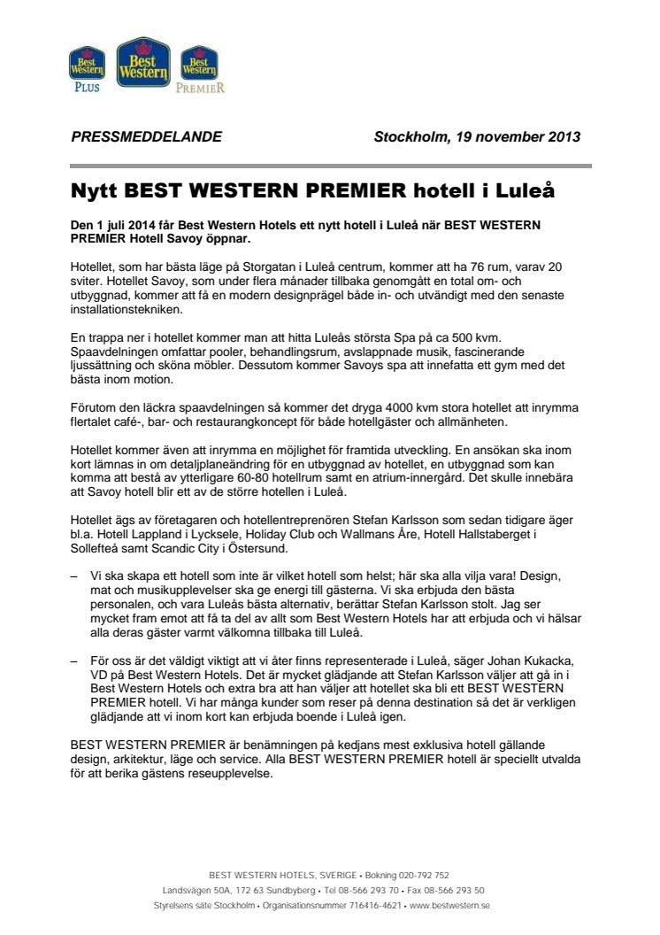 Nytt BEST WESTERN PREMIER hotell i Luleå