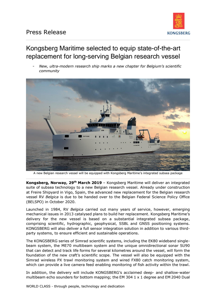 Kongsberg Maritime selected to equip state-of-the-art replacement for long-serving Belgian research vessel