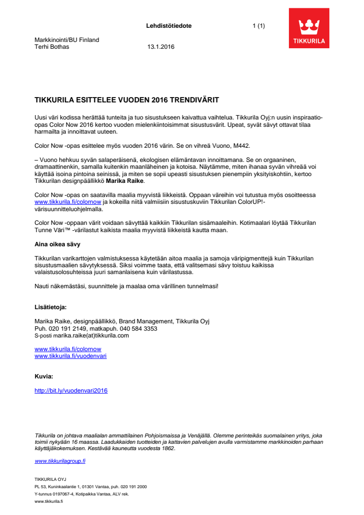 Tikkurila esittelee vuoden 2016 trendivärit