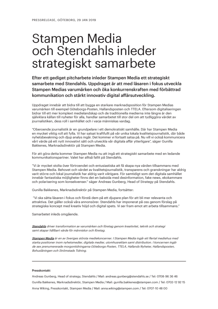 Stampen Media och Stendahls inleder strategiskt samarbete