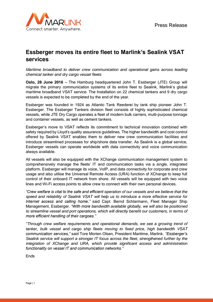 Marlink: Essberger Moves its Entire Fleet to Marlink's Sealink VSAT Services