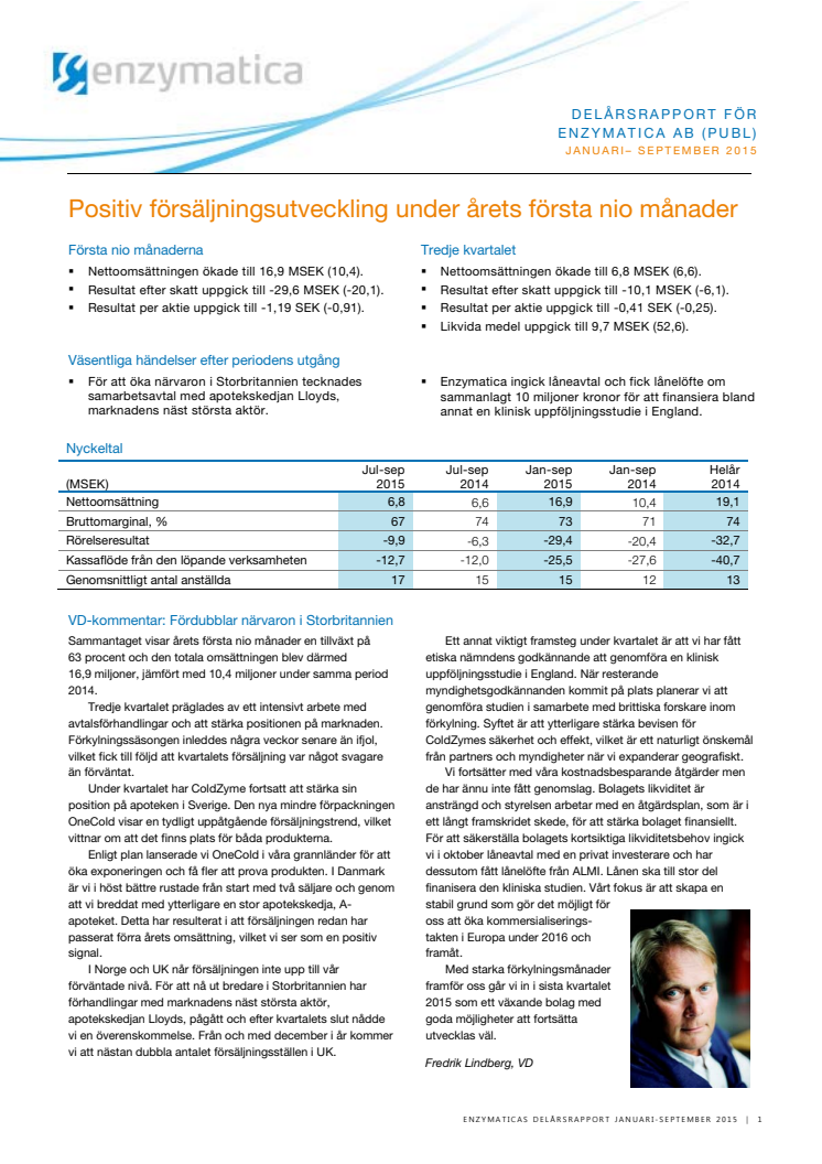 Enzymatica: Delårsrapport för Enzymatica AB (publ) januari-september 2015