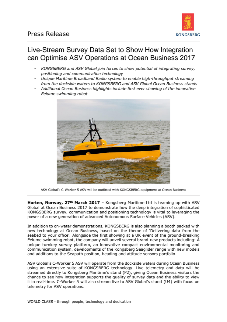 Kongsberg Maritime: Live-Stream Survey Data Set to Show How Integration can Optimise ASV Operations at Ocean Business 2017