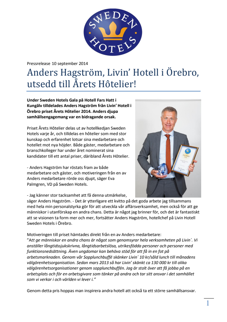 Anders Hagström, Livin’ Hotell i Örebro, utsedd till Årets Hôtelier!