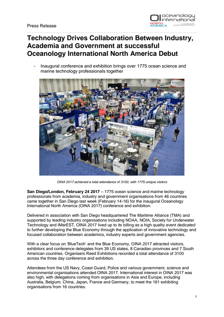 OINA 2017: Technology Drives Collaboration Between Industry, Academia and Government at Successful Oceanology International North America Debut