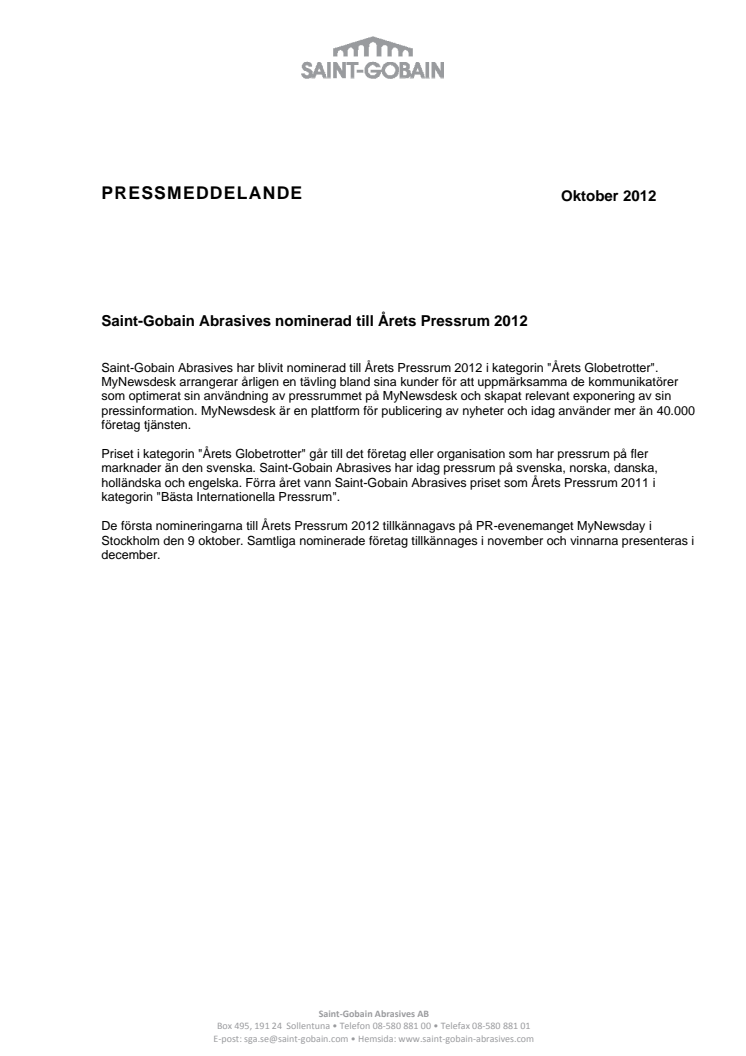 Saint-Gobain Abrasives nominerad till Årets Pressrum 2012