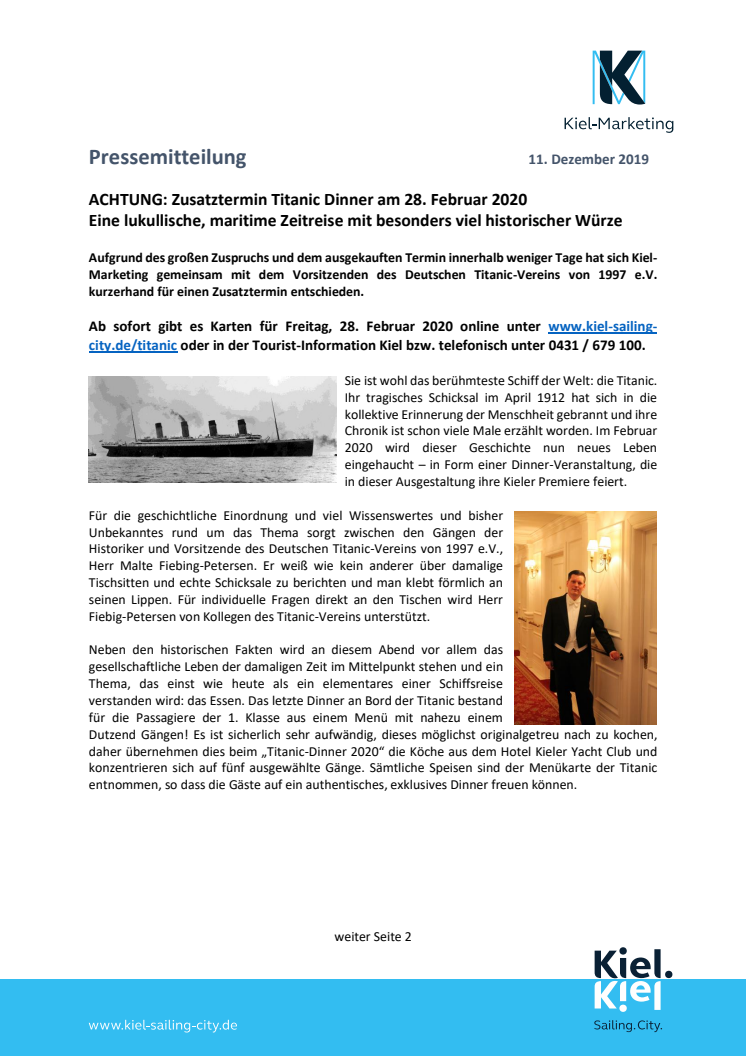 ACHTUNG: Zusatztermin Titanic Dinner am 28. Februar 2020 wegen großer Nachfrage