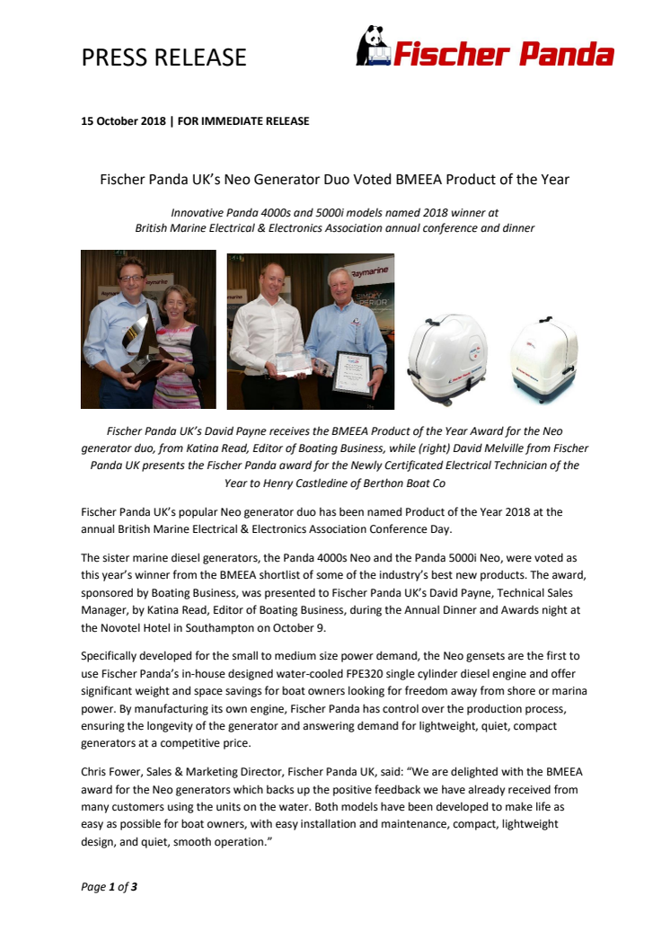 Fischer Panda UK’s Neo Generator Duo Voted BMEEA Product of the Year