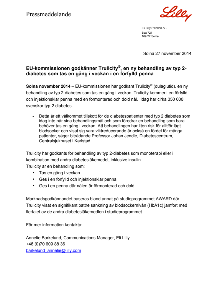 EU-kommissionen godkänner Trulicity®, en ny behandling av typ 2-diabetes som tas en gång i veckan i en förfylld penna