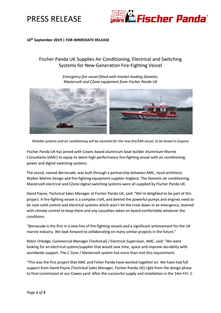 Fischer Panda UK Supplies Air Conditioning, Electrical and Switching Systems for New-Generation Fire-Fighting Vessel