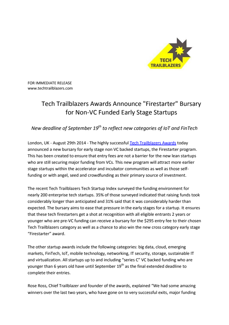 Tech Trailblazers Awards Announce "Firestarter" Bursary for Non-VC Funded Early Stage Startups