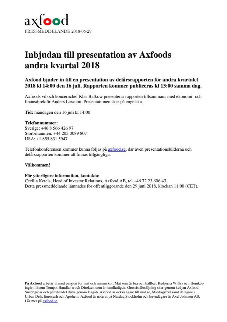 Inbjudan till presentation av Axfoods andra kvartal 2018