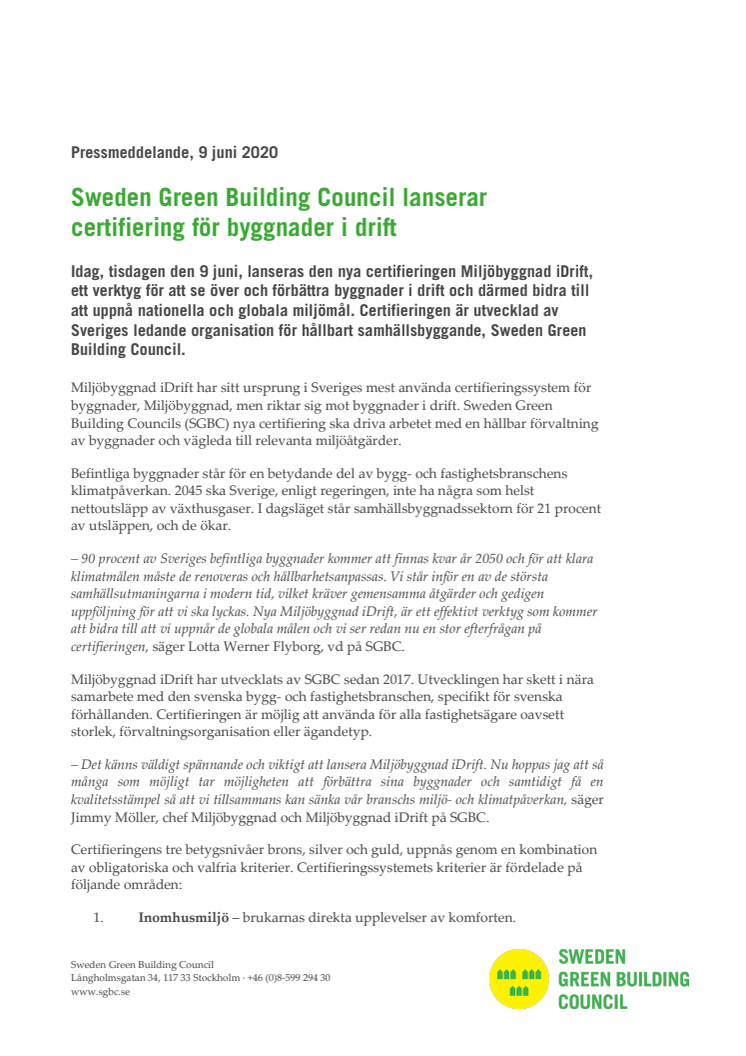 Sweden Green Building Council lanserar certifiering för byggnader i drift