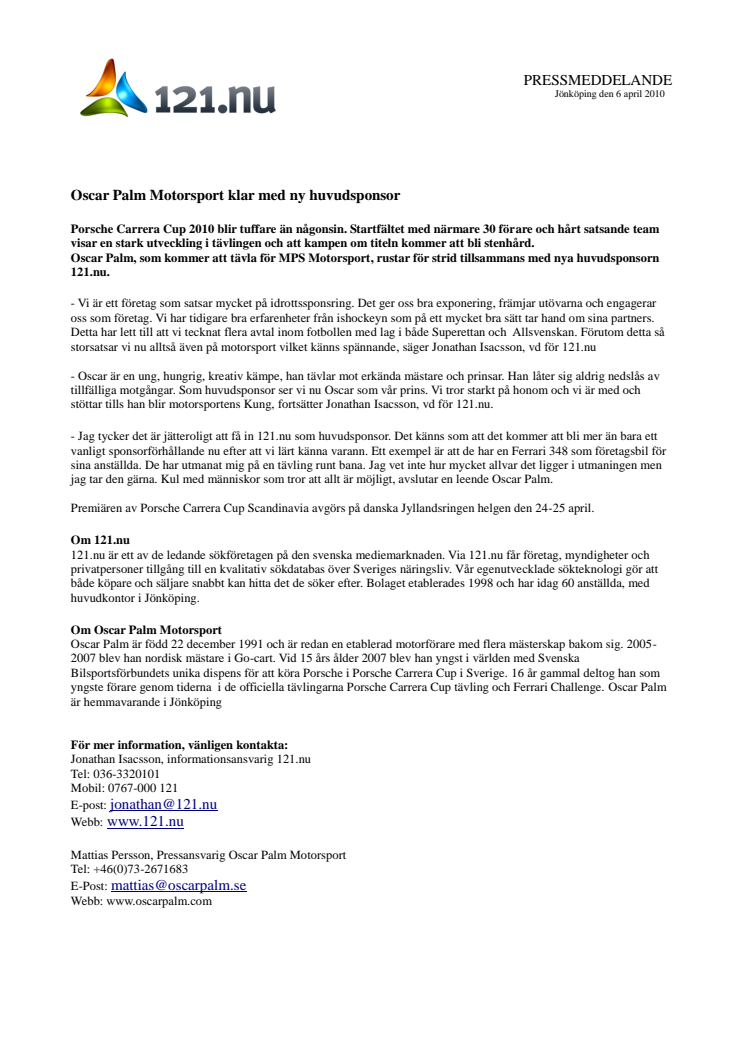 Oscar Palm Motorsport klar med ny huvudsponsor