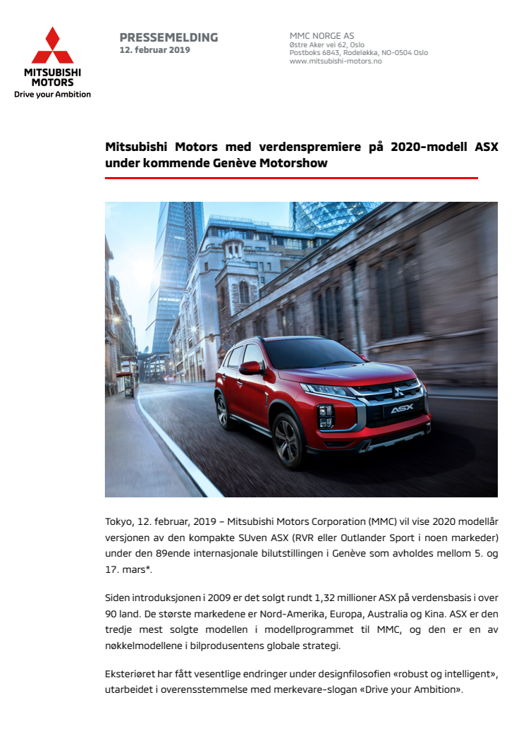 Mitsubishi Motors med verdenspremiere på 2020-modell ASX under kommende Genève Motorshow