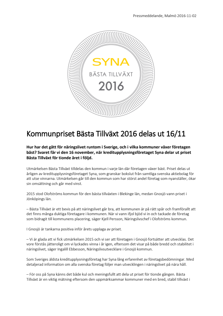 Kommunpriset Bästa Tillväxt 2016 delas ut 16/11