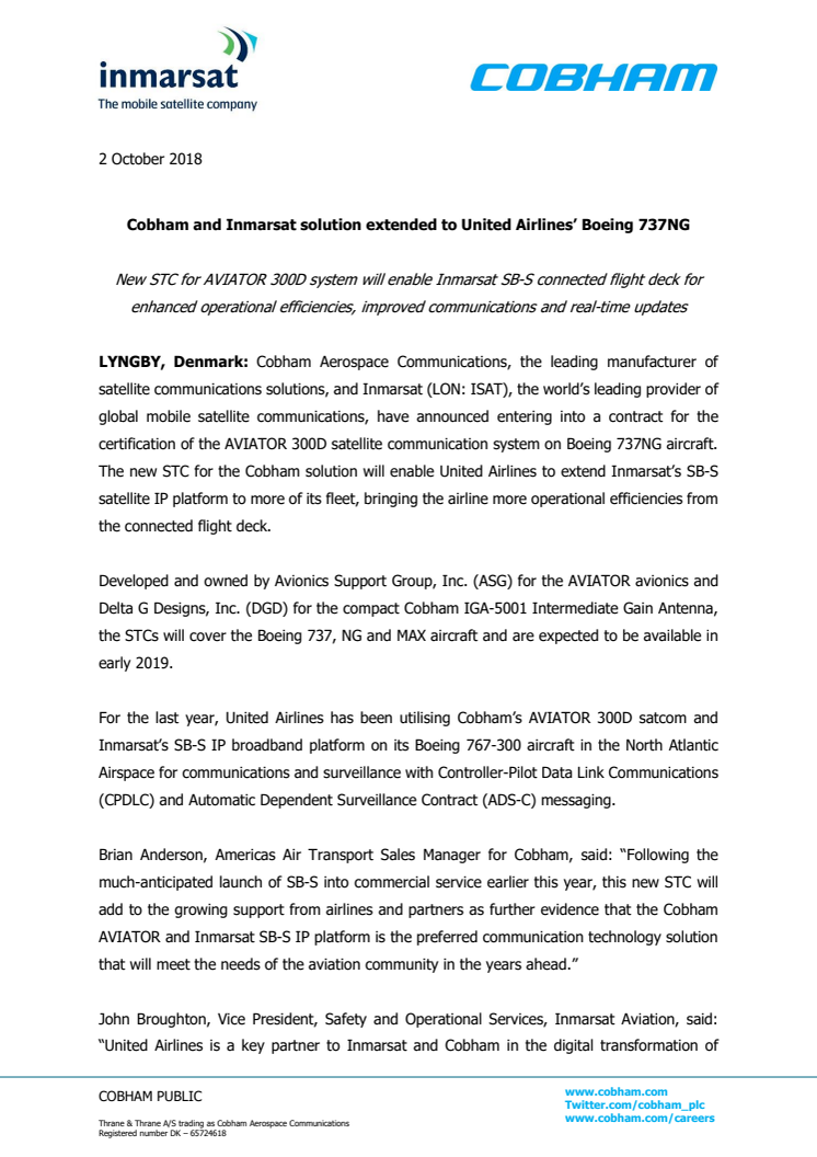 Cobham and Inmarsat solution extended to United Airlines’ Boeing 737NG