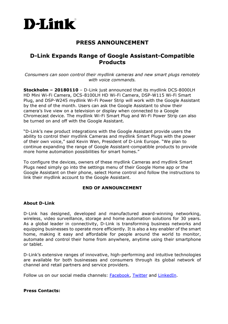 D-Link Expands Range of Google Assistant-Compatible Products