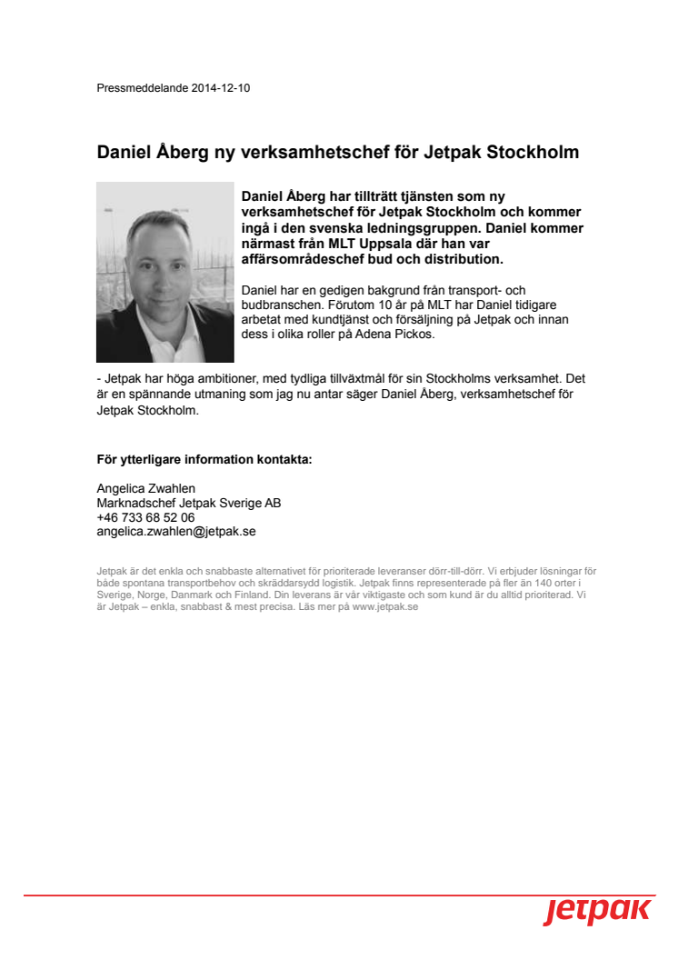Daniel Åberg ny verksamhetschef för Jetpak Stockholm 