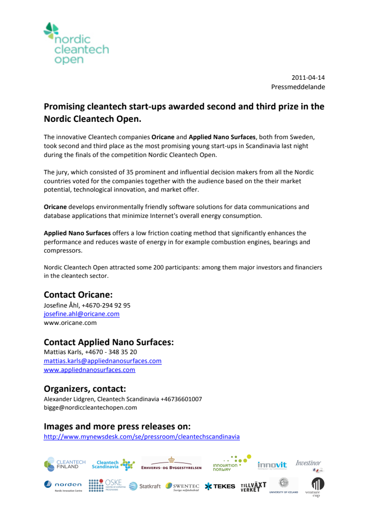 Promising cleantech start-ups awarded second and third prize in the Nordic Cleantech Open.