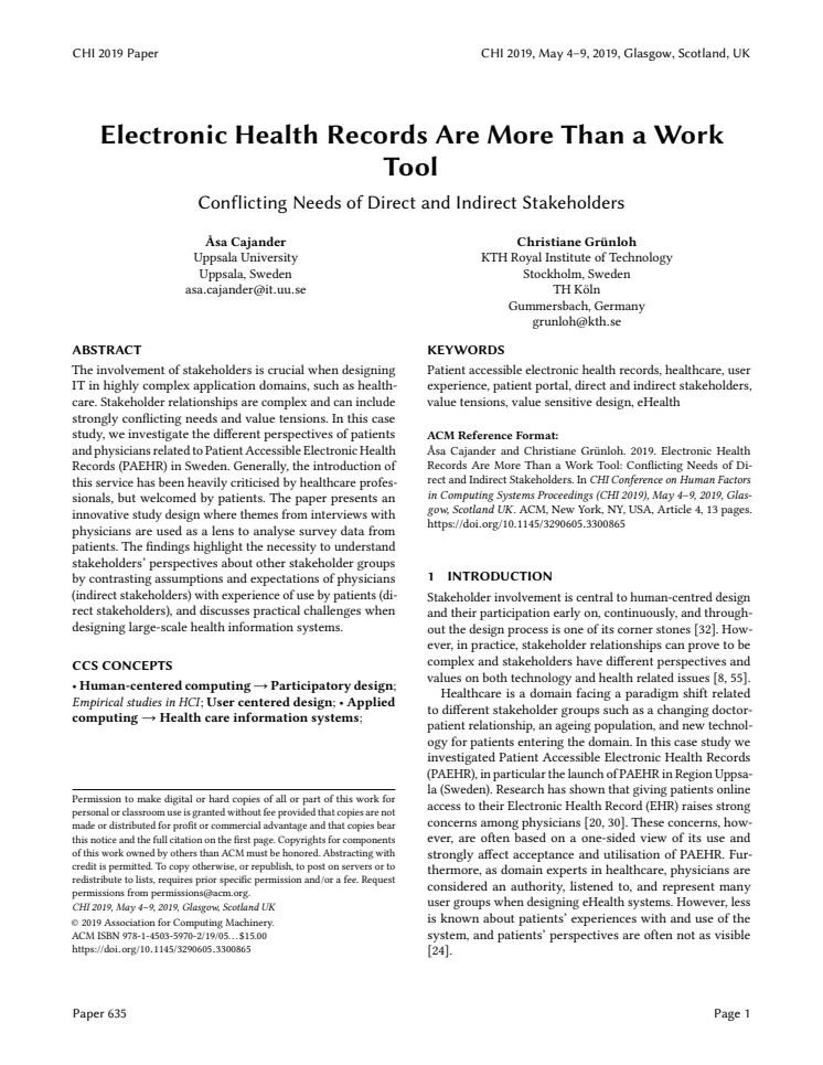 Electronic Health Records Are More Than a Work Tool: Conflicting Needs of Direct and Indirect Stakeholders