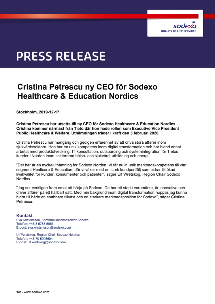 Cristina Petrescu ny CEO för Sodexo Healthcare & Education Nordics