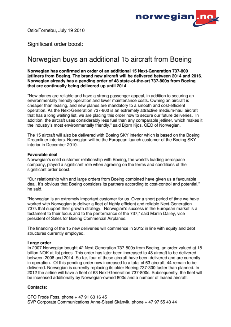 Norwegian buys an additional 15 aircraft from Boeing