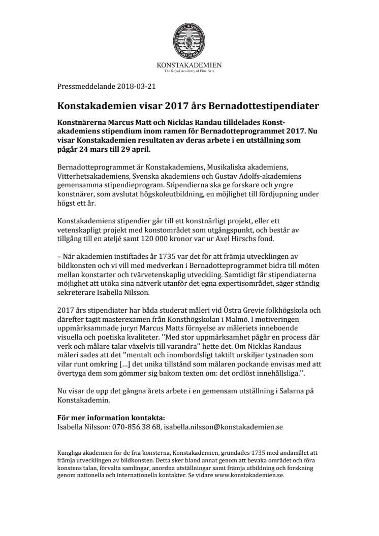 Konstakademien visar 2017 års Bernadottestipendiater