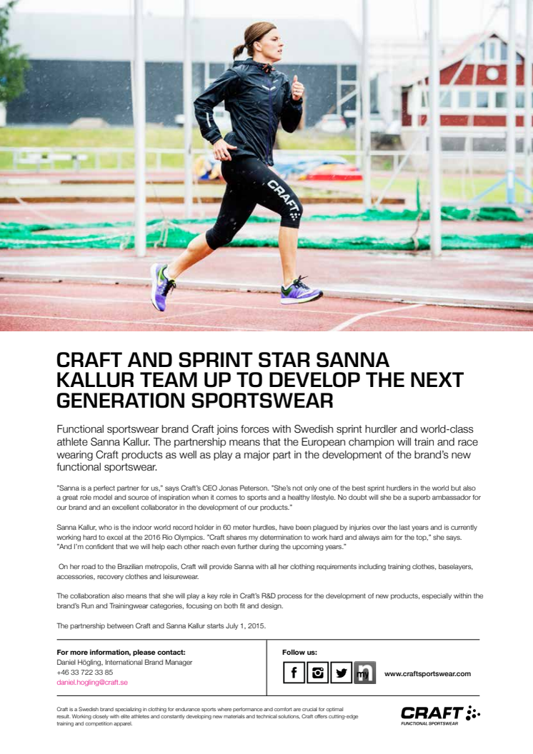 CRAFT AND SPRINT STAR SANNA KALLUR TEAM UP TO DEVELOP THE NEXT GENERATION SPORTSWEAR