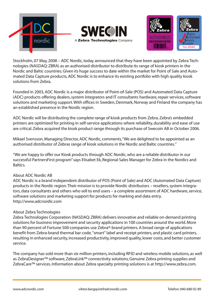 ADC Nordic appointed to distribute Zebras kiosk printers