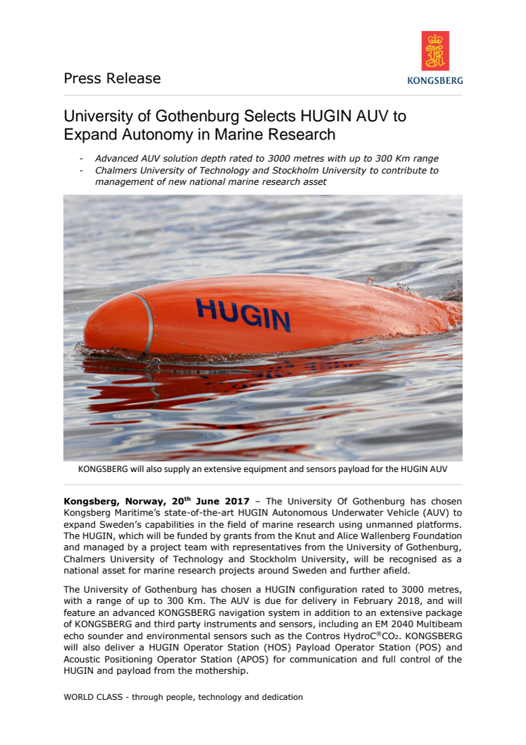 Kongsberg Maritime: University of Gothenburg Selects HUGIN AUV to Expand Autonomy in Marine Research 