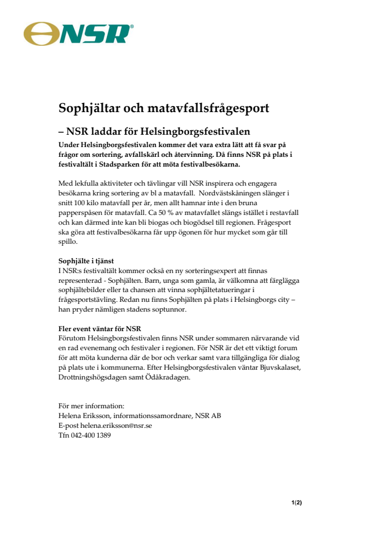 Sophjältar och matavfallsfrågesport  – NSR laddar för Helsingborgsfestivalen