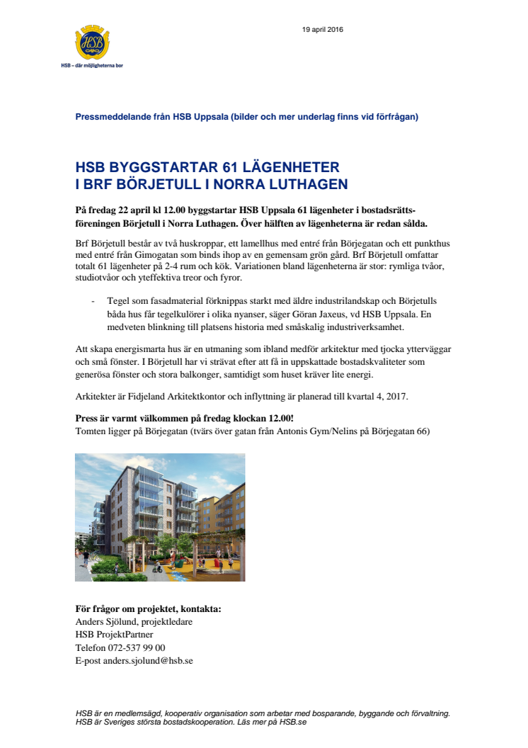 HSB byggstartar 61 lägenheter i brf Börjetull i Norra Luthagen