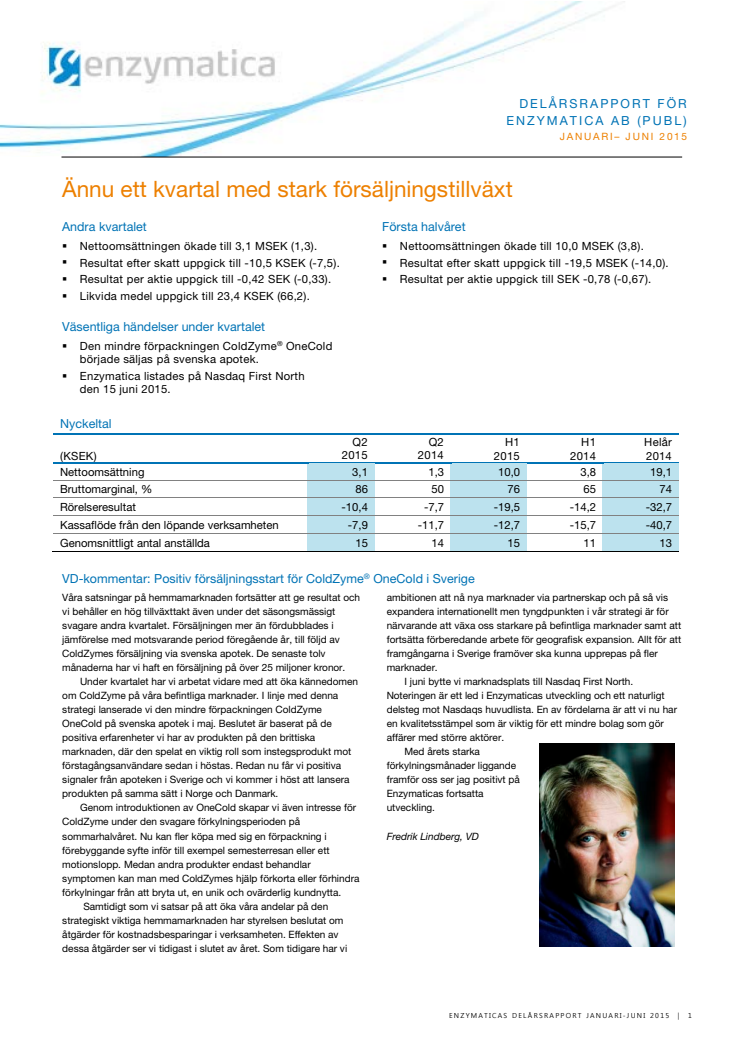 Enzymatica: Delårsrapport för Enzymatica AB (publ) januari-juni 2015