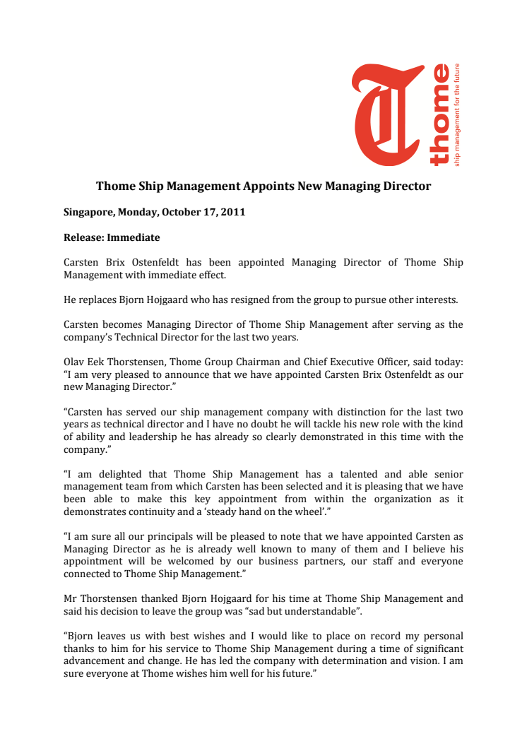 Thome Ship Management Appoints New Managing Director