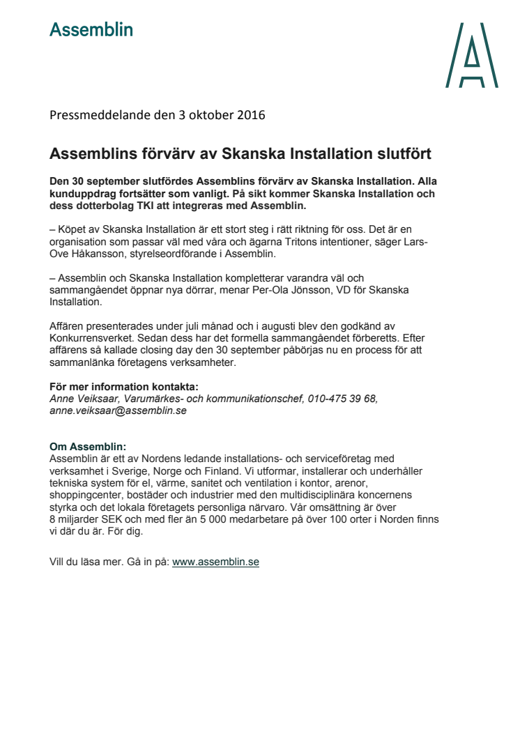 Assemblins förvärv av Skanska Installation slutfört
