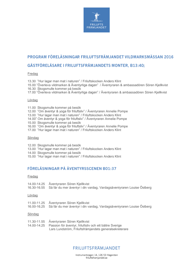 Program föreläsningar Friluftsfrämjandet Vildmarksmässan 2016