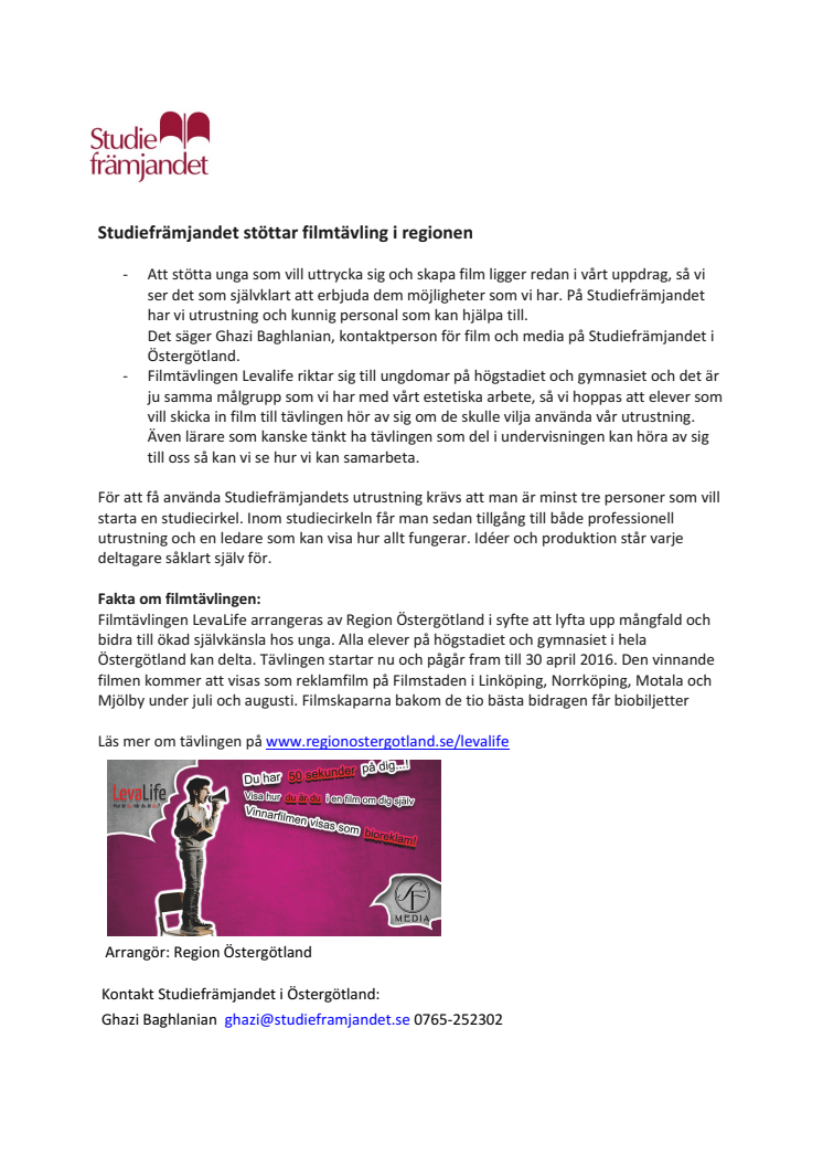 Studiefrämjandet stöttar filmtävling i regionen