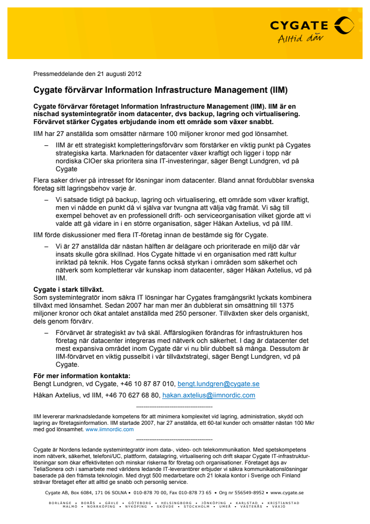 Cygate förvärvar Information Infrastructure Management (IIM)