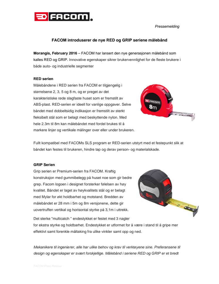 FACOM introduserer de nye RED og GRIP seriene målebånd 