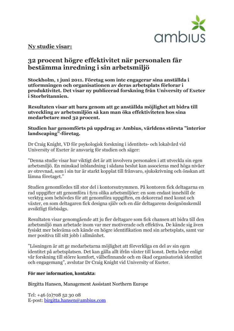 Ny studie visar: 32 procent högre effektivitet när personalen får bestämma inredning i sin arbetsmiljö