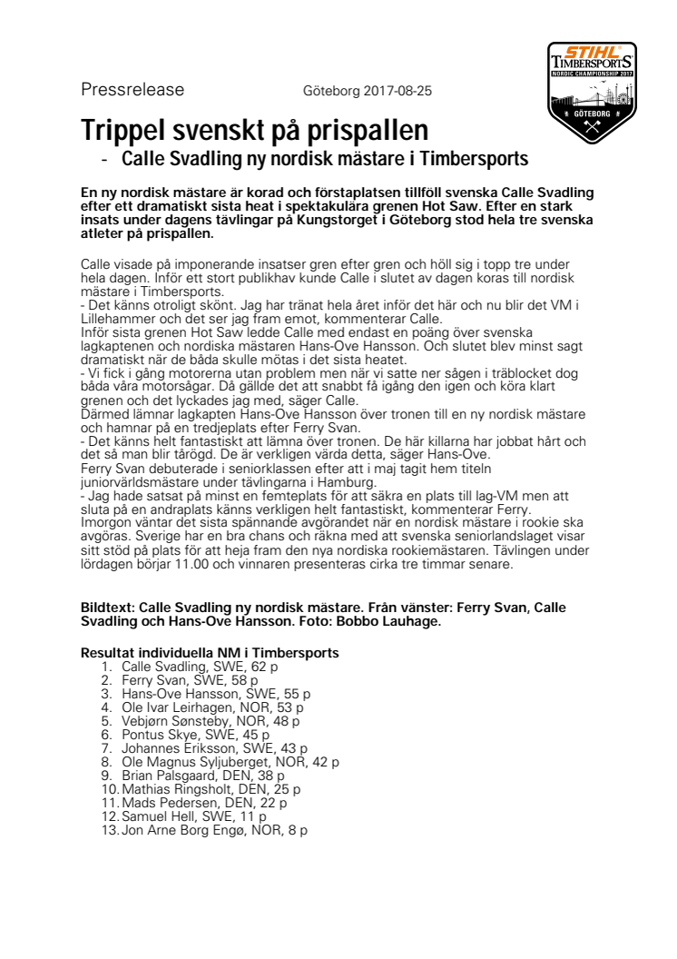 Trippel svenskt på prispallen - Calle Svadling ny nordisk mästare i Timbersports