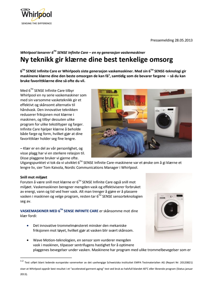 Whirlpool lanserer 6TH SENSE Infinite Care – en ny generasjon vaskemaskiner - Ny teknikk gir klærne dine best tenkelige omsorg 