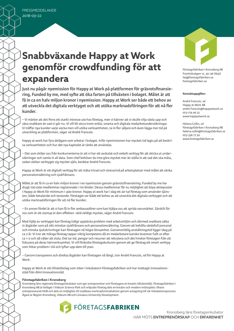 Snabbväxande Happy at Work genomför crowdfunding för att expandera