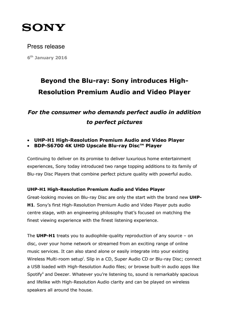 Sony introducerar High-Resolution Premium Audio och Video-spelare 