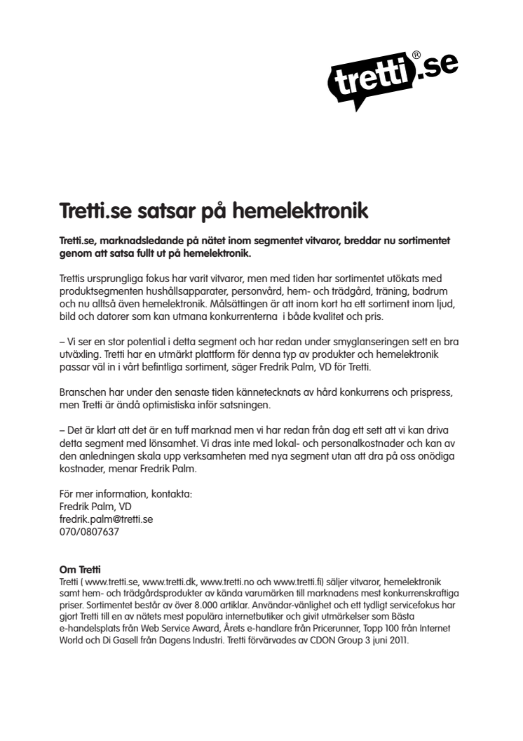 Tretti.se satsar på hemelektronik 