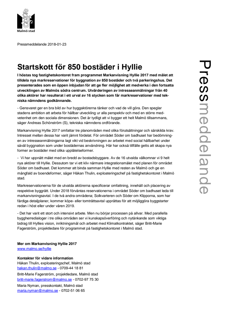 Startskott för 850 bostäder i Hyllie