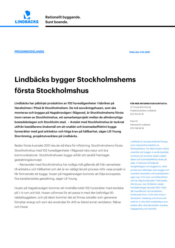 Lindbäcks bygger Stockholmshems första Stockholmshus